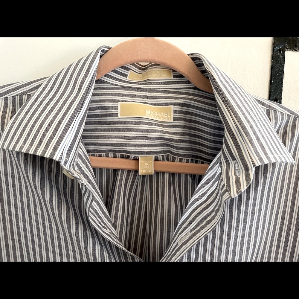 Michael Kors Men's Long Sleeve Striped Button Up Blue and White - 16 1/2" 32/33